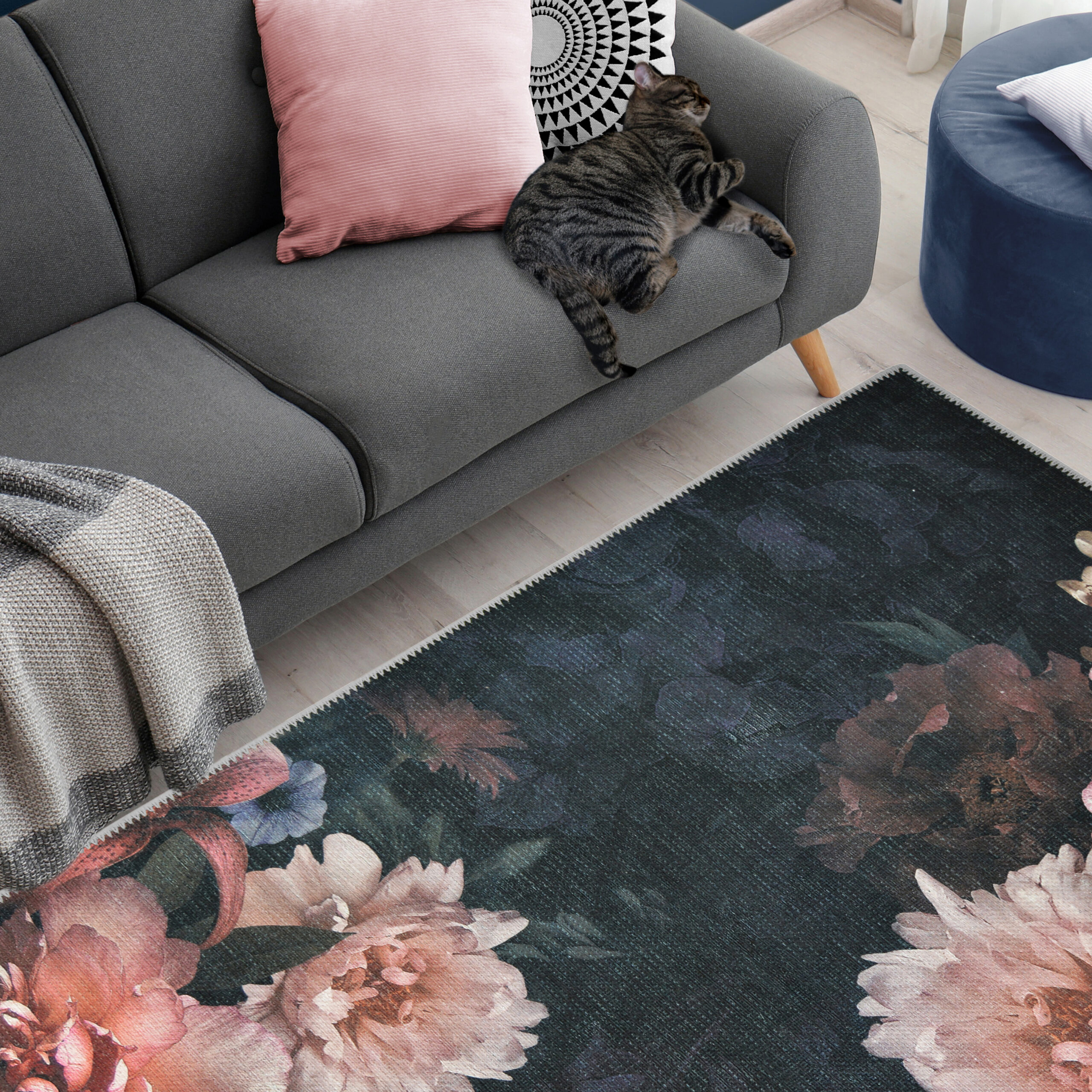 Living room interior with comfortable sofa and stylish rug, abov